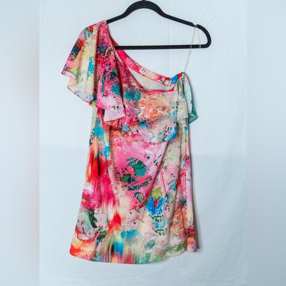 Multi-color one shoulder draped short dress